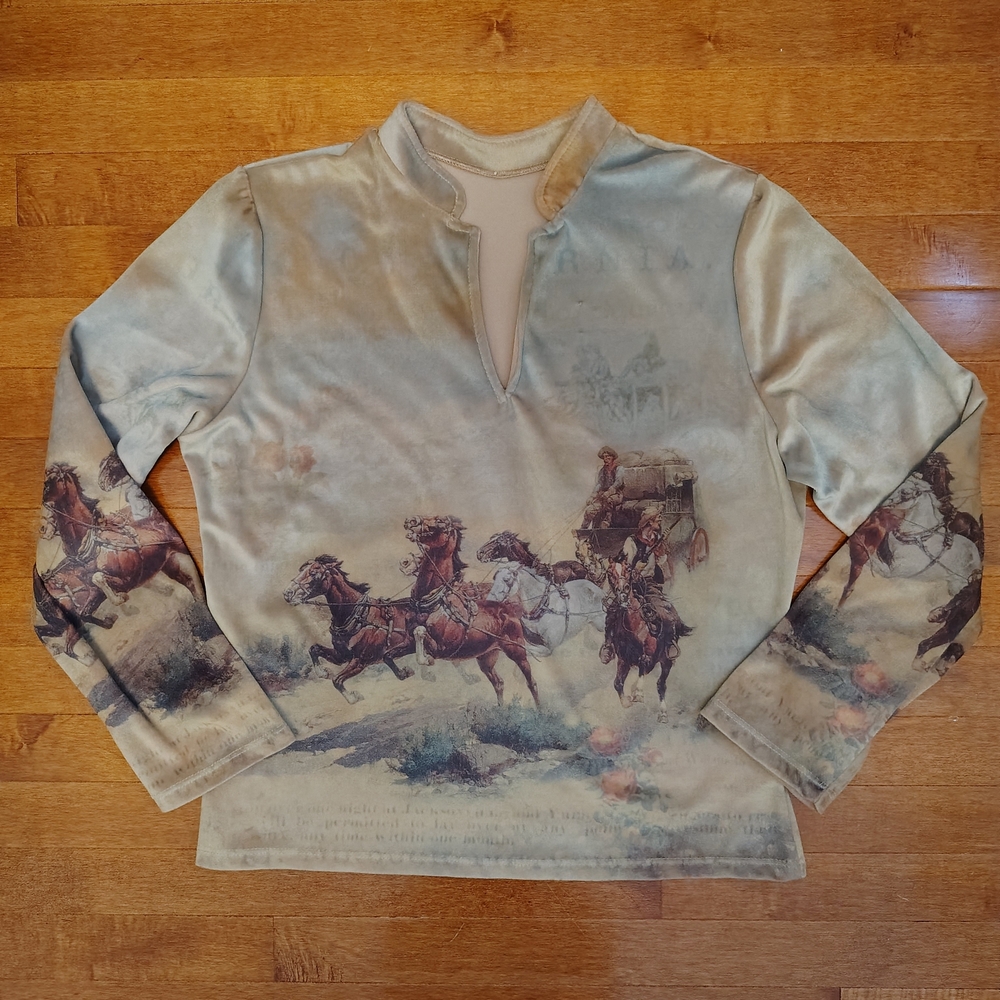 Vintage 90s/Y2K Fantazia Western Horse Stagecoach Velour Top - Women's XL
